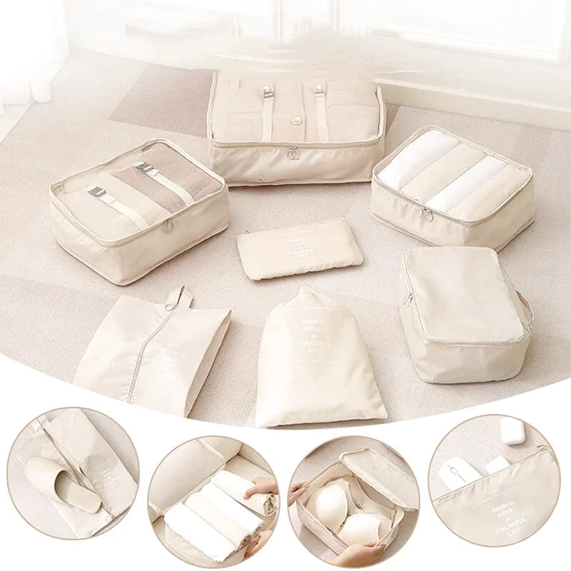 Organisateurs de Valise - Lot de 7 à 9 Sacs à Fermeture Eclair - Couleur Beige
