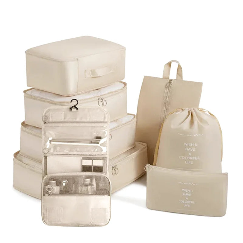 Organisateurs de Valise - Lot de 7 à 9 Sacs à Fermeture Eclair - Couleur Beige