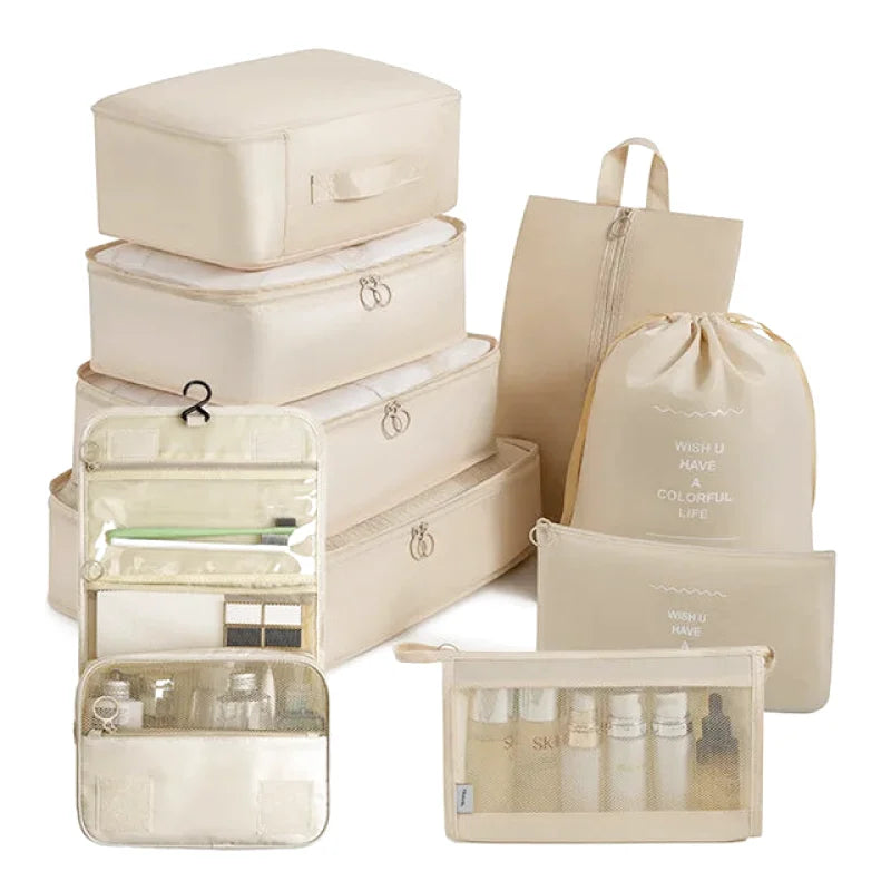 Organisateurs de Valise - Lot de 7 à 9 Sacs à Fermeture Eclair - Couleur Beige