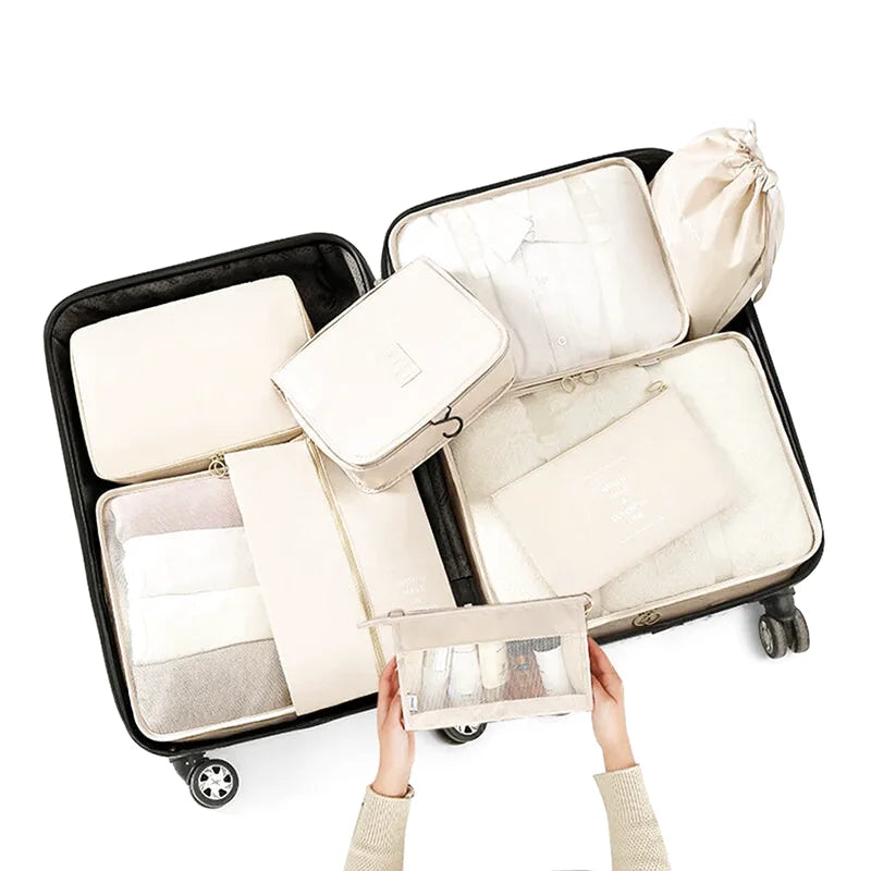 Organisateurs de Valise - Lot de 7 à 9 Sacs à Fermeture Eclair - Couleur Beige