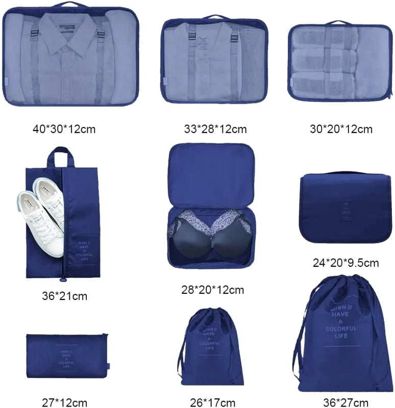 Organisateurs de Valise - Lot de 7 à 9 Sacs à Fermeture Eclair - Couleur Bleu Marine